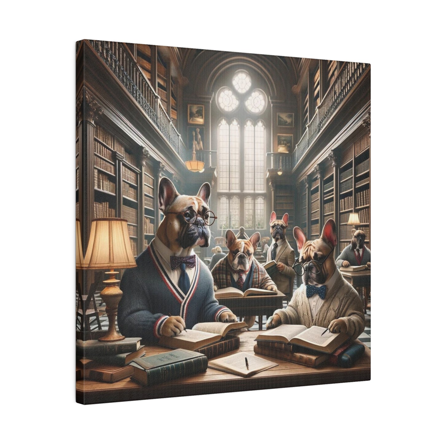 Frenchie Library Scene-Matte Canvas, Stretched, 14x14