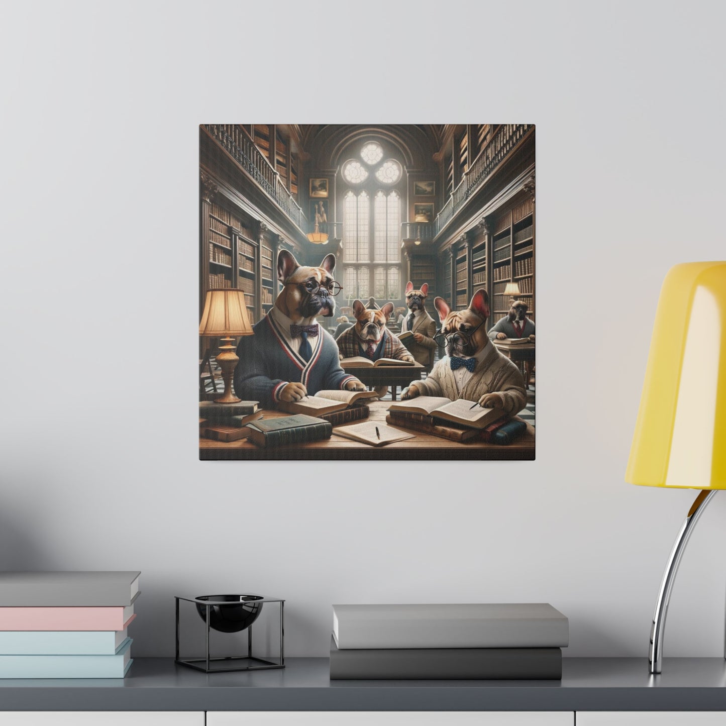 Frenchie Library Scene-Matte Canvas, Stretched, 14x14
