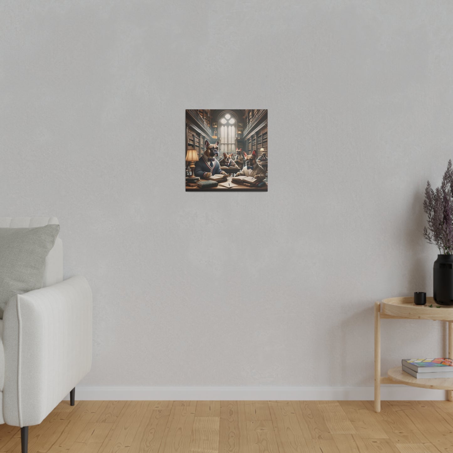 Frenchie Library Scene-Matte Canvas, Stretched, 14x14
